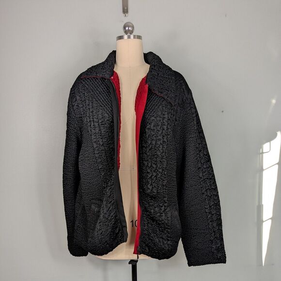 Reversible Crinkle Zip Jacket 2X Black Red UBU Indie Coat Artsy UGA Texture - Picture 4 of 12